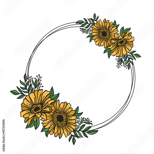 Flower frame double round.Floral circle border botanical drawing style.