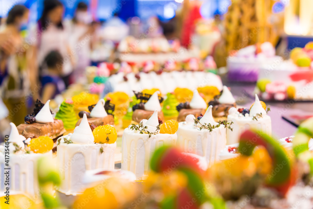Catering sweets, closeup of various kinds of different types of Sweet Cakes in Bakery Shop Catering sweets, closeup of various kinds of different types of Sweet Cakes in Bakery Shop