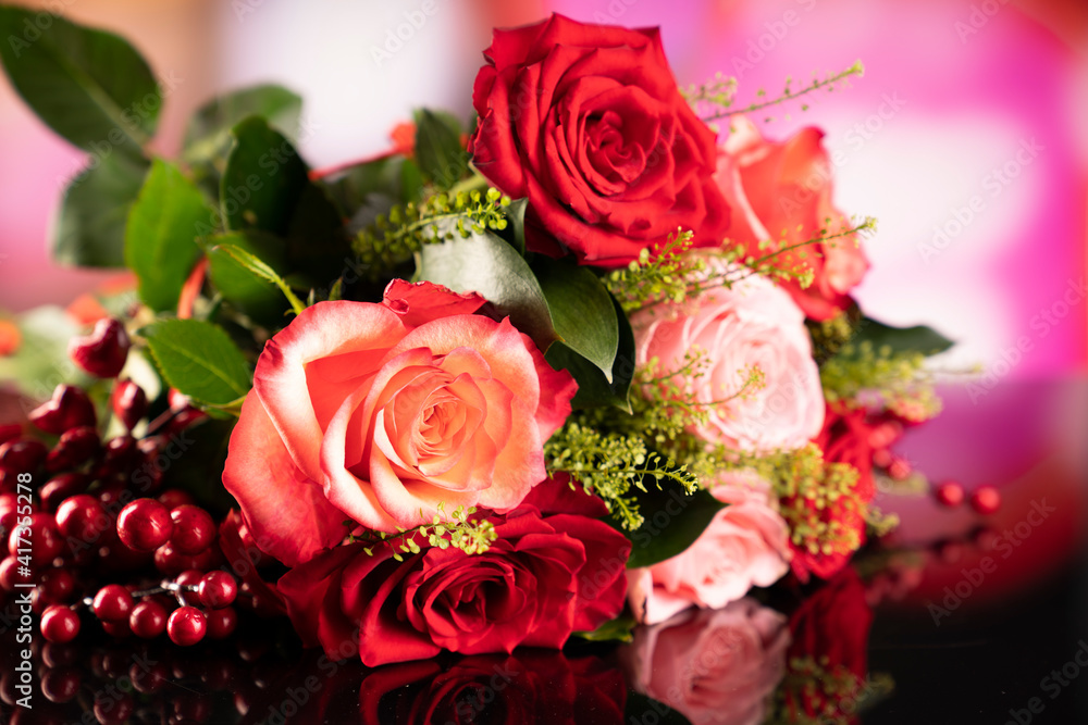 Bunch of roses on the bokeh background. Women’s day gift. Bunch of roses on the bokeh background. Women’s day gift.