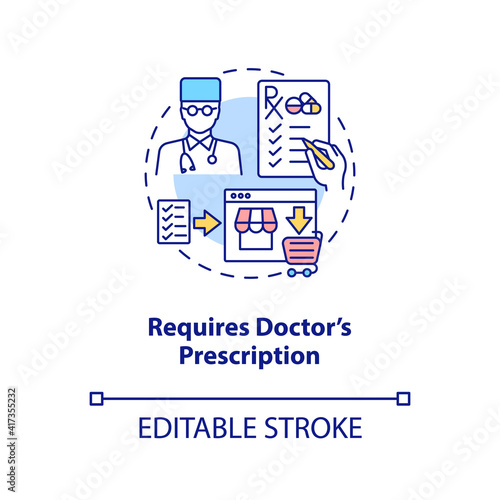 Requires doctor prescription concept icon. Online therapy idea thin line illustration. Safe online pharmacy signs. Getting medicine. Vector isolated outline RGB color drawing. Editable stroke