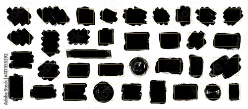 Set of brush strokes with gold frames. Modern brush, frames, banner. Grunge brush stroke element. Vector black paint illustration for your text.
