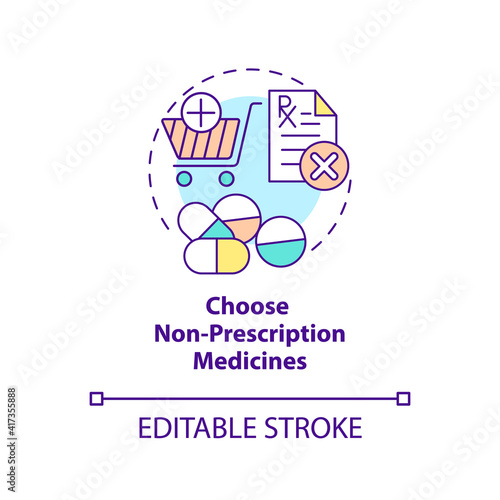 Choose non prescription medicines concept icon. Online pharmacy idea thin line illustration. Online medication order steps. Vector isolated outline RGB color drawing. Editable stroke