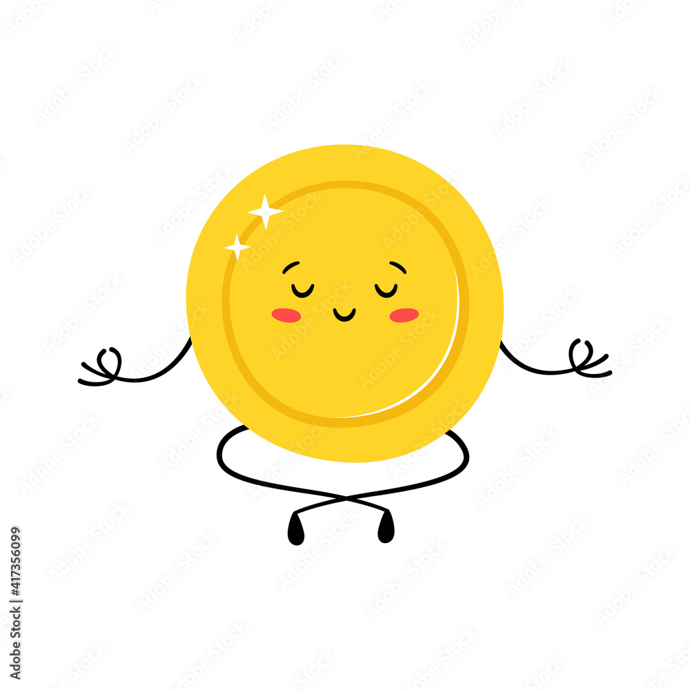 Cute gold coin in yoga pose. Money coin practicing yoga and meditates. Funny vector cartoon character isolated on white background Cute gold coin in yoga pose. Money coin practicing yoga and meditates. Funny vector cartoon character isolated on white background