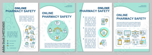Online pharmacy brochure template. Internet order, online safety. Flyer, booklet, leaflet print, cover design with linear icons. Vector layouts for magazines, annual reports, advertising posters