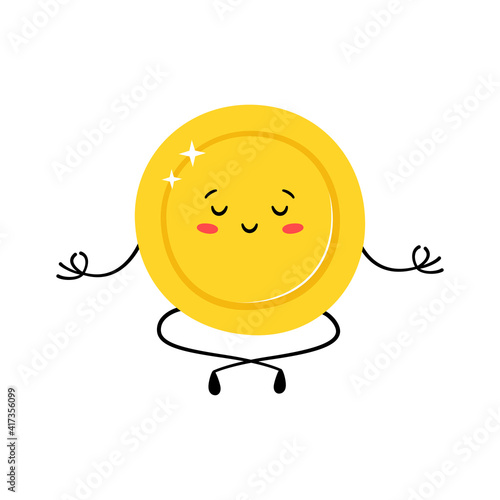 Cute gold coin in yoga pose. Money coin practicing yoga and meditates. Funny vector cartoon character isolated on white background