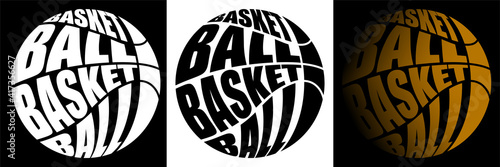 Volumetric letters with name BASKETBALL on background of sports ball. Element for print and design of sports competitions. Isolated vector