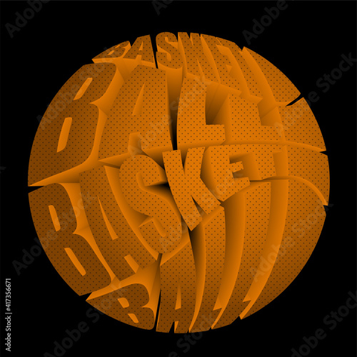 ball for basketball. 3D image with name of sports game. Team sports, active lifestyle. Isolated vector on dark background