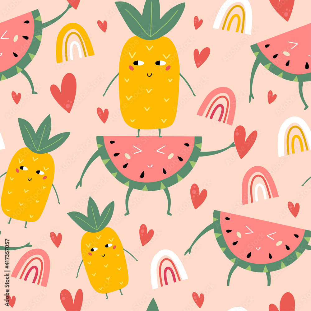 Seamless pattern with pineapple and watermelon. Modern textile, greeting card, poster, wrapping paper designs. Vector illustration.