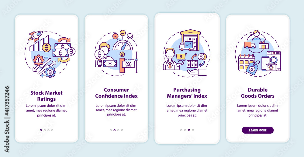 Economic recovery indicators onboarding mobile app page screen with concepts. Help market observer walkthrough 4 steps graphic instructions. UI vector template with RGB color illustrations Economic recovery indicators onboarding mobile app page screen with concepts. Help market observer walkthrough 4 steps graphic instructions. UI vector template with RGB color illustrations