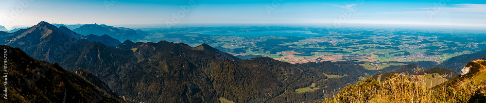 High resolution stitched panorama of a beautiful alpine autumn or indian summer view at the famous Hochfelln summit, Bergen, Bavaria, Germany