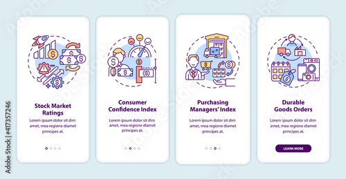 Economic recovery indicators onboarding mobile app page screen with concepts. Help market observer walkthrough 4 steps graphic instructions. UI vector template with RGB color illustrations