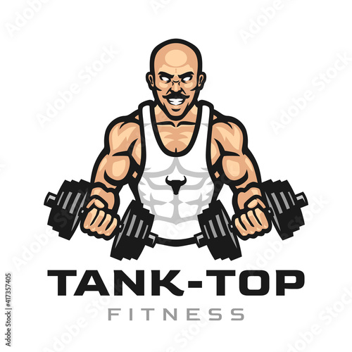 Fitness Mascot Logo. Bald Man Vector Template Design.