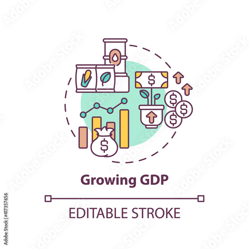 Growing GDP concept icon. Market and monetary value of goods and services idea thin line illustration. Inflation. Domestic production. Vector isolated outline RGB color drawing. Editable stroke