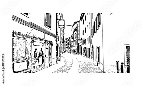 Building view with landmark of Bolzano is a city in the South Tyrol province of north Italy. Hand drawn sketch illustration in vector.