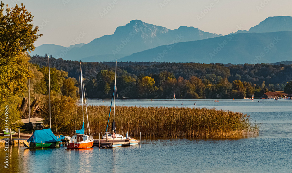 Beautiful autumn or indian summer view at the famous Waginger See, Waging, Bavaria, Germany