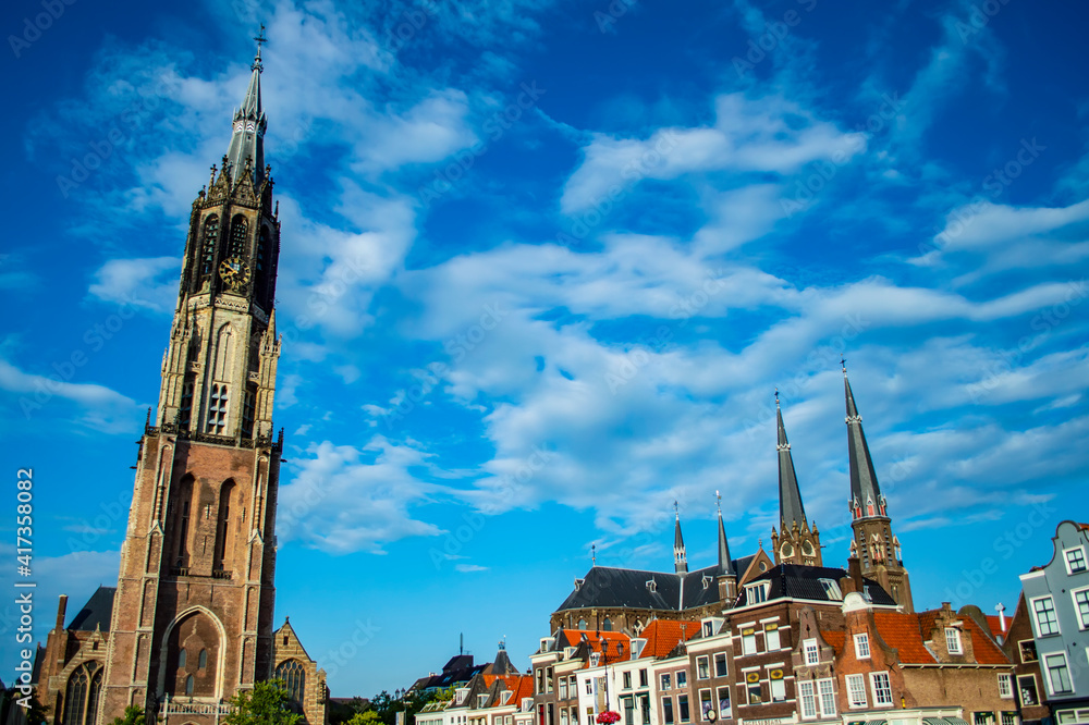 Delft, Netherlands - July 11, 2019: Niewe kerk ('New Church') and Markt square of the town of Delft, the Netherlands