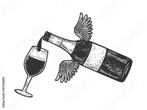 Flying bottle pours wine into glass sketch engraving vector illustration. T-shirt apparel print design. Scratch board imitation. Black and white hand drawn image.
