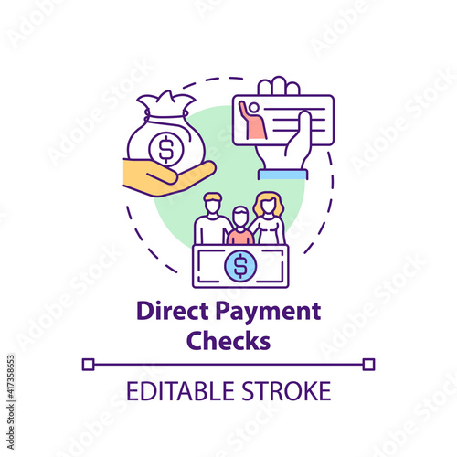 Direct payment checks concept icon. Deposit of funds electronically in bank account idea thin line illustration. Paychecks and tax refunds. Vector isolated outline RGB color drawing. Editable stroke