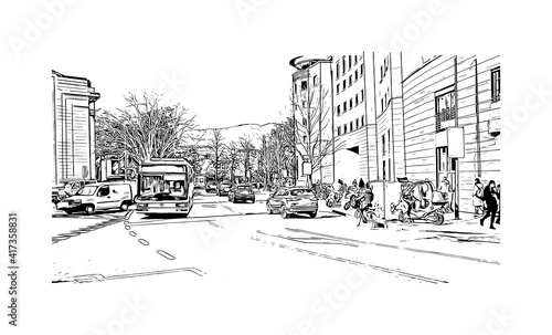 Building view with landmark of Bolzano is a city in the South Tyrol province of north Italy. Hand drawn sketch illustration in vector.