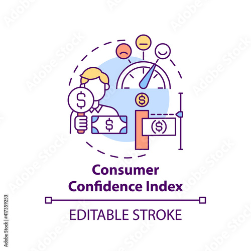 Consumer confidence index concept icon. Financial situation idea thin line illustration. Stimulate economy. Spending patterns and recession. Vector isolated outline RGB color drawing. Editable stroke