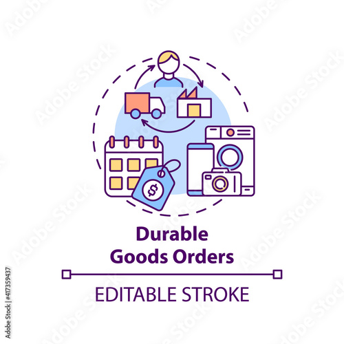 Durable goods orders concept icon. Manufacturers for delivery idea thin line illustration. Shipments and inventories. Economic indicator. Vector isolated outline RGB color drawing. Editable stroke