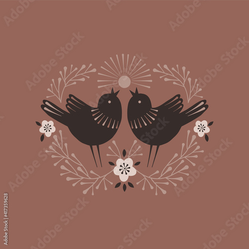 Folk art symmetrical ornament with bird and floral elements. Folksy animalistic decorative design for Spring Easter greeting. Vector folklore illustration for card poster wall art home decor