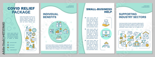 Covid relief package brochure template. Small business help. Flyer, booklet, leaflet print, cover design with linear icons. Vector layouts for magazines, annual reports, advertising posters