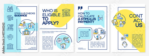 Stimulus checks guidance brochure template. Calculate stimulus payment. Flyer, booklet, leaflet print, cover design with linear icons. Vector layouts for magazines, annual reports, advertising posters photo