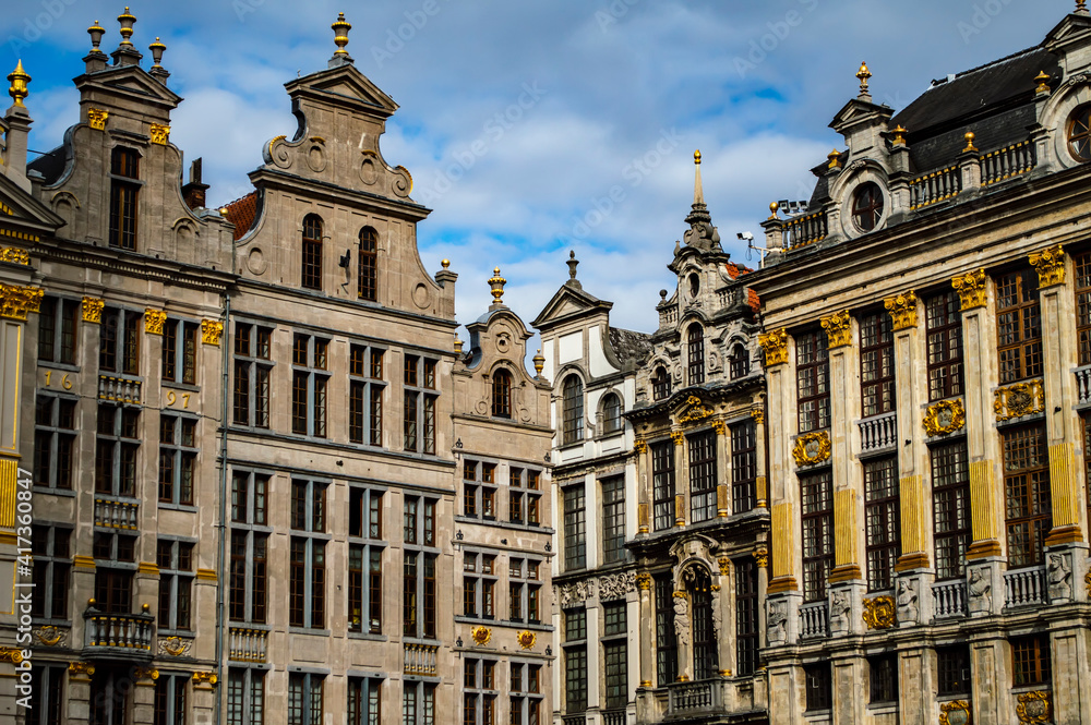 Brussels, Belgium - July 13, 2019: Medieval gothic architecture of buildings around Grand Place square of Brussels
