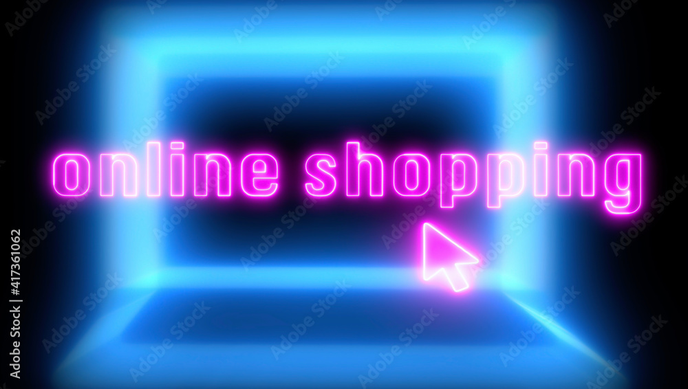 Pink neon online shopping text and cursor on blue neon laptop 