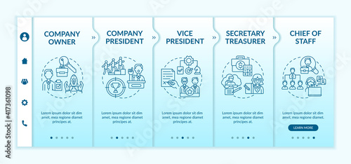 Company top management jobs onboarding vector template. Chief of staff. Secretary and treasurer. Responsive mobile website with icons. Webpage walkthrough step screens. RGB color concept