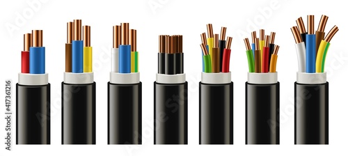 Electric cable with copper conductor, braided wires in color plastic insulation 3d realistic vector. Power supply industry, electricity and telecommunication line cables with naked solid conductors