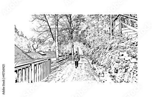 Building view with landmark of Bolzano is a city in the South Tyrol province of north Italy. Hand drawn sketch illustration in vector.