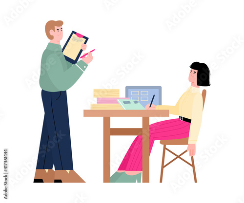 Bored office woman. Tired, dreaming or lazy employee, sleeping at desk and postponing work next with angry male director. Flat vector illustration isolated on a white.