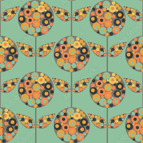 Abstract Allium floral vector seamless pattern background. Mid century modern flowers and leaves filled with circle shapes in brown teal orange. Stylized garland effect repeat for summer concept
