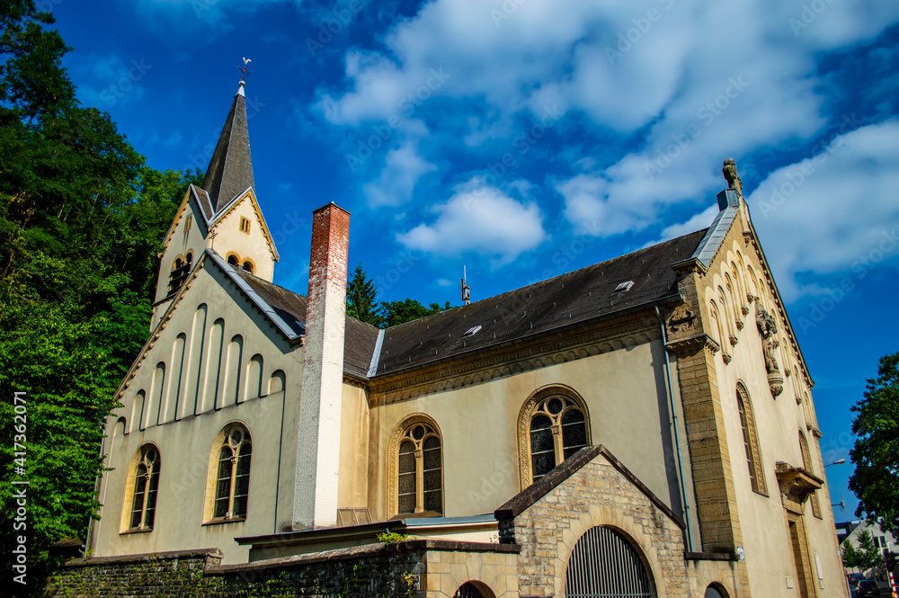 Fototapeta premium Luxembourg city, Luxembourg - July 15, 2019: Nativity of the Lord Romanian Orthodox church in Old Town of Luxembourg city