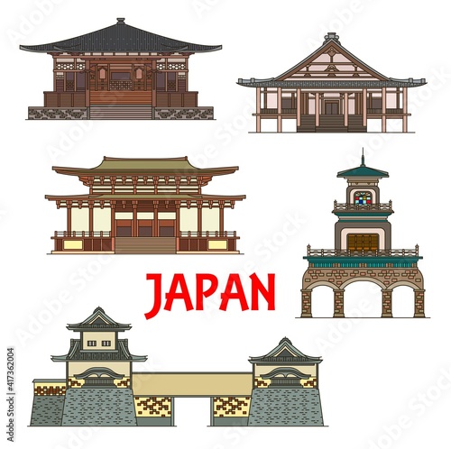 Japan landmarks and temples, Japanese towers, gates and pagodas, vector icons. Muro-ji temple in Uda Nara, Shoren-ji in Takayama, Oyama Shrine, Narita-san and Ishikawa-mon of Kanazawa-jo castle