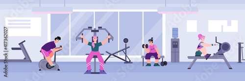 Horizontal banner with people doing sport workout in gym, cartoon vector illustration. Men and women training in gym hall with sport training equipment.