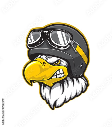 Pilot eagle bird vector mascot with cartoon head of bald eagle, falcon or hawk wearing aviator helmet and goggles. Sport team or flying club mascot for t-shirt print design