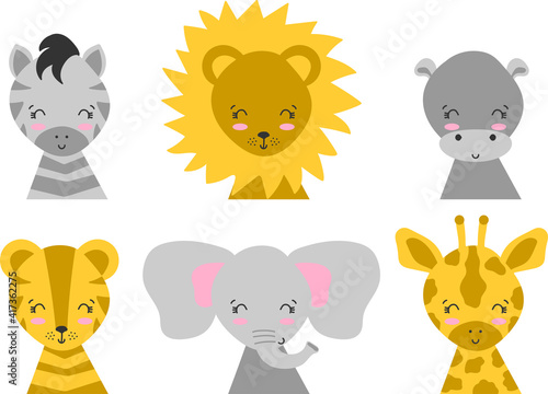 Photography Cartoon cute animals set: zebra, lion, hippo, tiger, elephant, giraffe