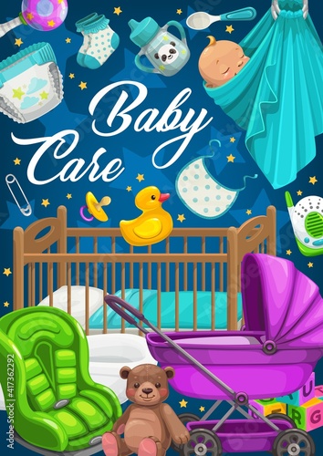 Baby care products, clothes and toys. Baby carriage or pram, bed and car seat, bath, radio babysitter and bib, diaper, socks and feeding bottle, ABC blocks and sleeping in sling infant cartoon vector
