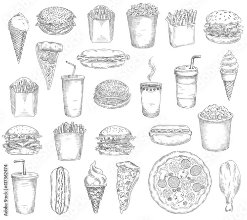 Fast food meals, drinks and snacks sketches. Hamburger, hotdog and tacos, french fries and popcorn bucket, pizza piece, chicken drumstick and hot tea or coffee, ice cream, soda engraved vectors set