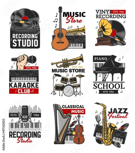 Music isolated icons with vector musical instruments, microphones, vinyl records and vintage gramophone. Piano, drum, guitar and saxophone, record player, tube, harp and trumpet retro symbols, emblems