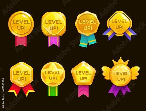Level up ui game icons, casino bonus vector stars, golden labels with award ribbons. Medal for achievement, development reward, isolated cartoon trophy labels experience level up growth badges set