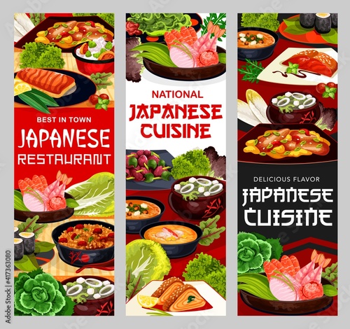 Japanese cuisine food Japan restaurant meal dishes, vector menu banners. Japanese cuisine seafood, noodles and meat food, perch bata yaki, kaiso and kani furuko salad, beef with mushrooms, vegetables