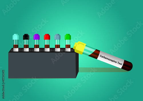 Blood sample for Carbamazepine test, to establish an appropriate dose and maintain a therapeutic level. A medical testing concept with tube vector in the laboratory background. photo