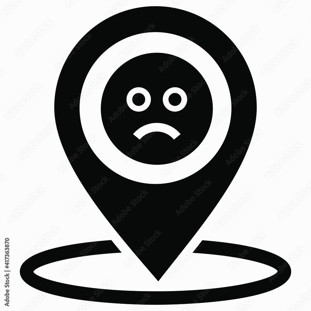 Location and sad emoticon. Bad review for the place. Opinion about the object. User feedback. Vector icon. Location and sad emoticon. Bad review for the place. Opinion about the object. User feedback. Vector icon.