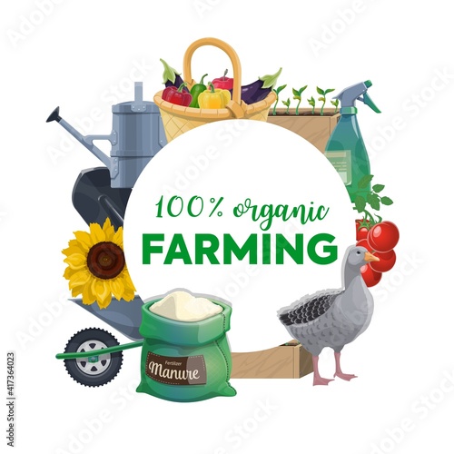 Organic farming products and tools round banner. Fresh harvest in wicker basket, vegetables seeding and ripe tomatoes, watering can, sprayer with fertilizer, gardening tool and farm poultry vector