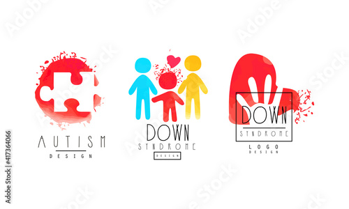 Autism and Down Syndrome Logo Templates Collection, Awareness Concept, Kids Center, Charitable Organization Colorful Badge Vector Illustration