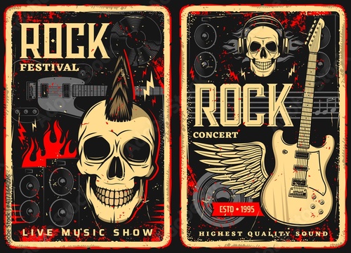 Hard rock music retro flyers or posters. Human skulls and electric guitars, audio speakers in fire and vinyl disk vector. Rock festival, heavy metal or punk music live show grungy placards templates